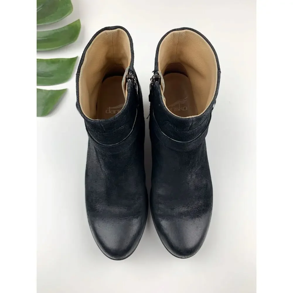 Dansko Cagney Ankle Boots Black Burnished Leather Booties Women's 37 US 6.5 7